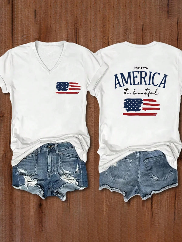 INAWLY Women Summer Short Sleeve Casual T-Shirt With Letter And American Flag Print