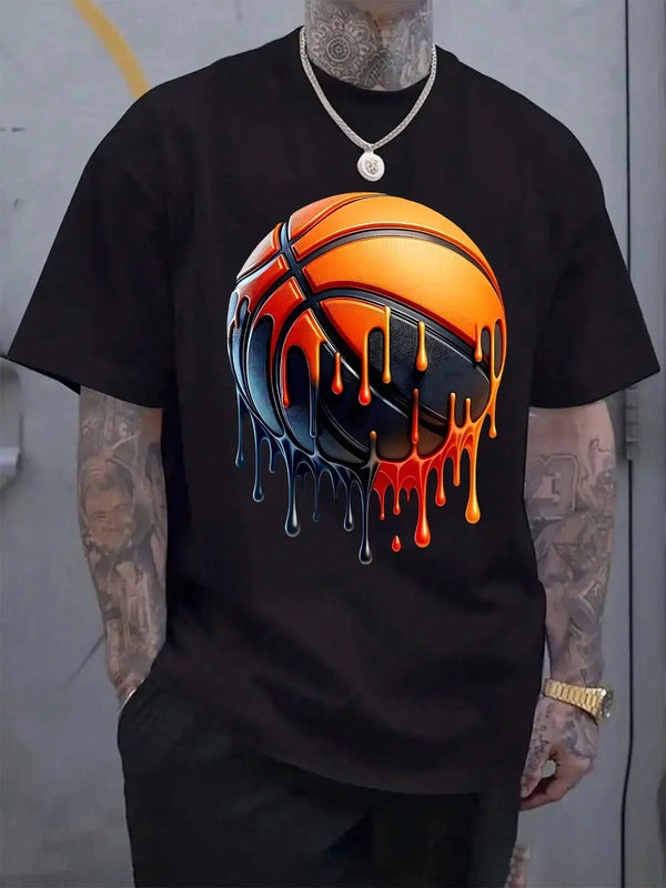Melting Basketball Pattern Print Men's Crew Neck Short Sleeve T-Shirt Fashion Regular Fit T-Shirt Spring Summer Vacation